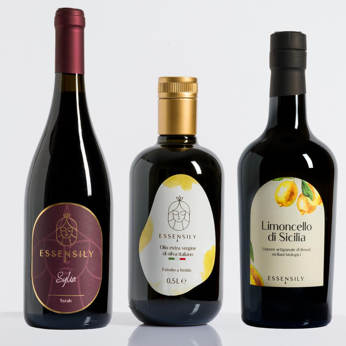 Coffret Dégustation Sicile : Vin Rouge Syrah Sylia 750ml, Huile d'Olive Extra Vierge Essensily 500ml et Limoncello Artisanale Sicilien – Kit Cadeau Gourmand 3 Bouteilles – Sélection Excellence Sicilie