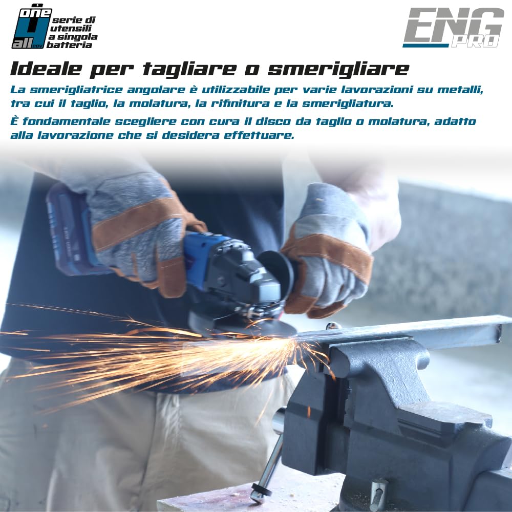 Smerigliatrice Angolare 125 mm - Linea Professionale a Batteria ONE4ALL 20V – 10000 rpm, Disco da Taglio Incluso, 1 Batteria 4.0Ah e Caricabatteria - ENG PRO