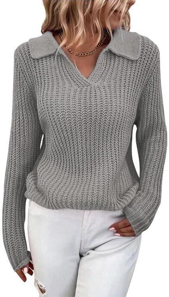 Zaswen Long Sleeve V Neck Sweaters for Women Casual Polo Ribbed Knit Business Collared Sweater Spring Fall Solid Slim Blouses
