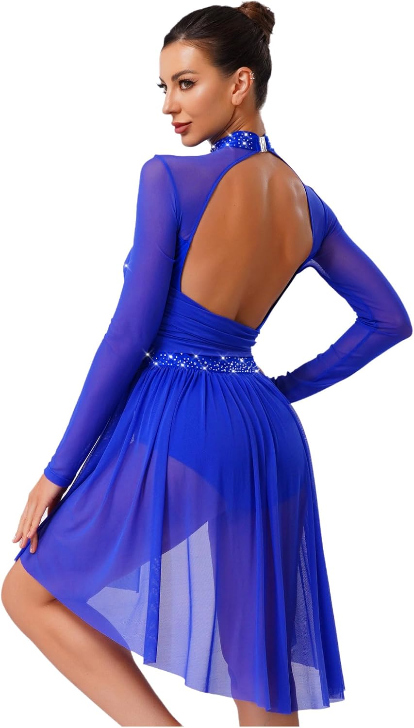 XUNZOO Women's Figure Skating Dress Long Sleeve Slit Skirt Roller Skate Lyrical Dress Competition Dance Costume