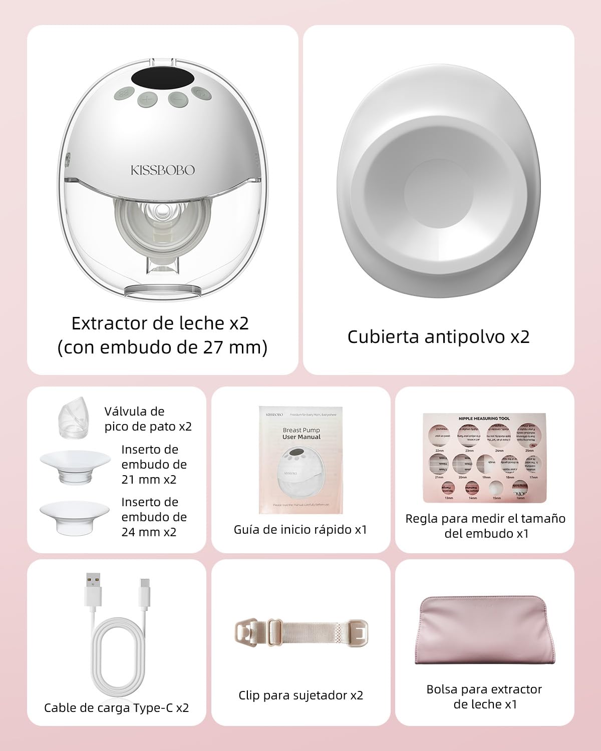 KISSBOBO K8 Sacaleches Electricos Manos Libres Doble | Succión de hasta 320mmHg, Extractor de leche recargable, 4 modos 19 niveles, batería 1300mAh, bajo ruido, Blanco 2Piezas