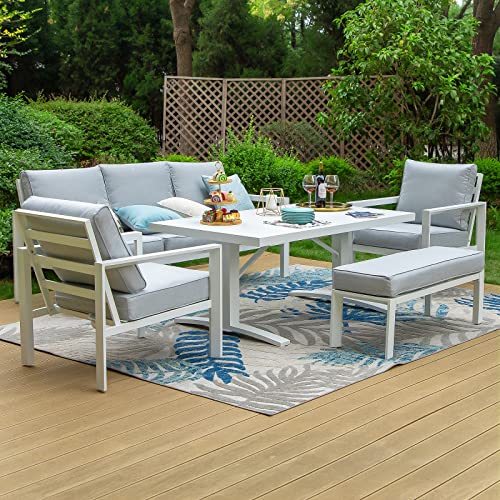Sophia & William Aluminum Patio Outdoor Furniture Set 5 Piece Large Size & High Back Patio Conversation Set Sectional Sofa Set With Thicken Water-Repellent Cushions, Large Dining Table And Bench #TOP5