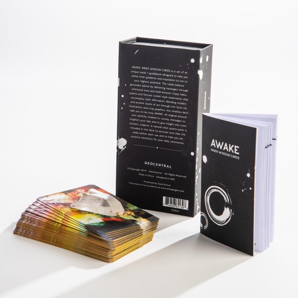 Awake: Inner Wisdom Cards, Set of 44 Cards with Holographic Gold Foil Edging, Guidebook, and Crystal in Gift Box, 6.75" x 3.5"