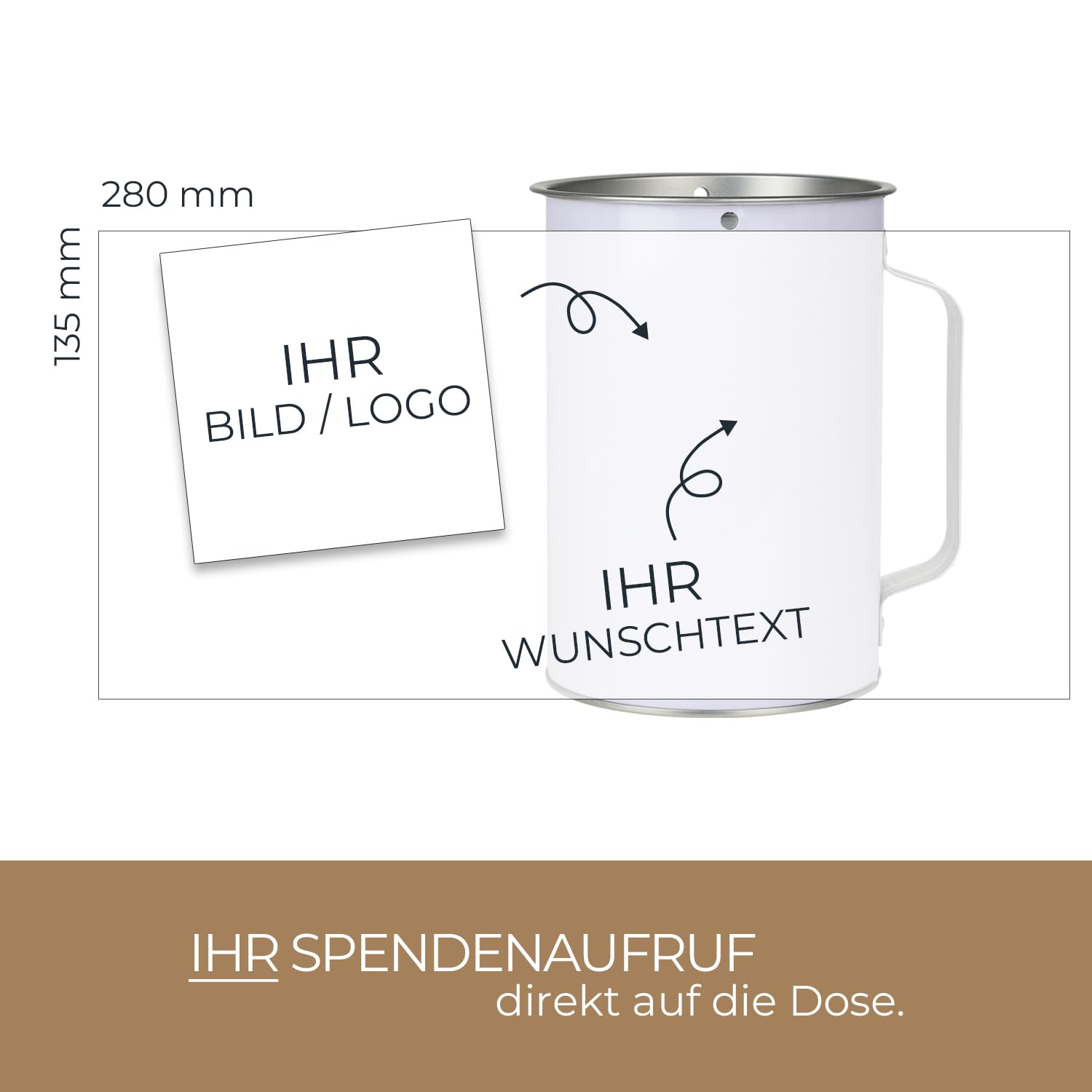 HMF Spendendose mit Griff individuell Bedruckt für Vereine und gemeinnützige Organisationen, Spendenbox aus Blech mit Münzschlitz und Scheineinwurf für Geldspenden | 15 Stück | Ø 10 cm x 14,5 cm