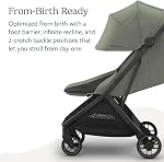 UPPAbaby Minu V3 Travel Stroller - Lightweight + Compact Design - One-Hand Fold + Unfold - from Birth + Overhead Compatible - Evelyn (Meadow Green/Carbon Frame/Chestnut Leather)