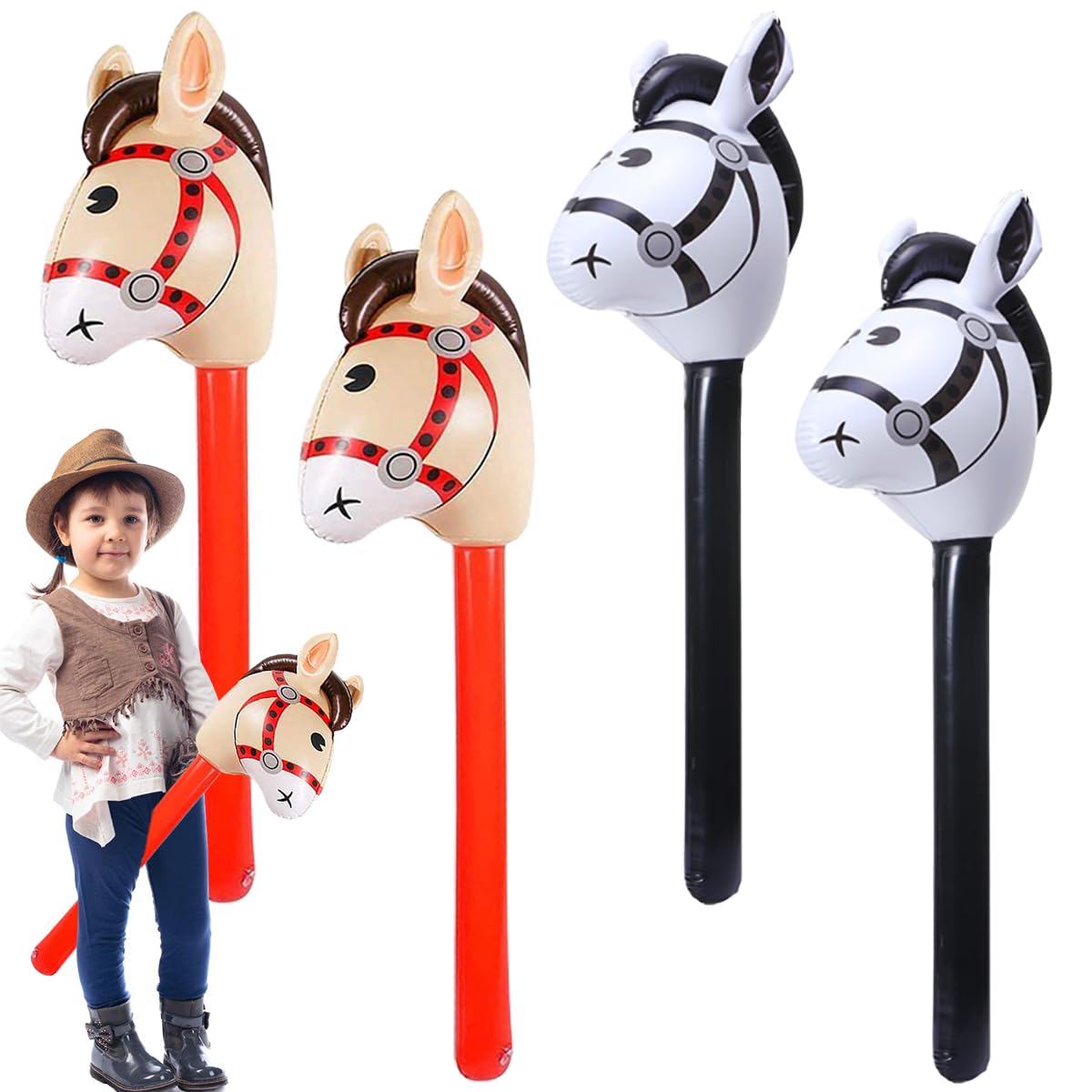 Set De 3 Bâtons De Cheval Gonflables - 94 Cm - Tête De Poney Réaliste - PVC Non Toxique - Rouge, Rose, Marron - Idéal Anniversaire, Déco, Photo - Gonflage Rapide