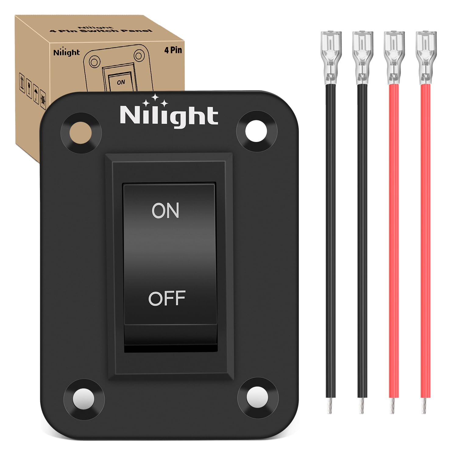 Painel de Interruptores Nilight ON-OFF 4 PIN DPST para Carros, Trailers e Barcos - 12V 20A, Alumínio Anodizado Preto com Suporte, Parafusos e Fios Jumper