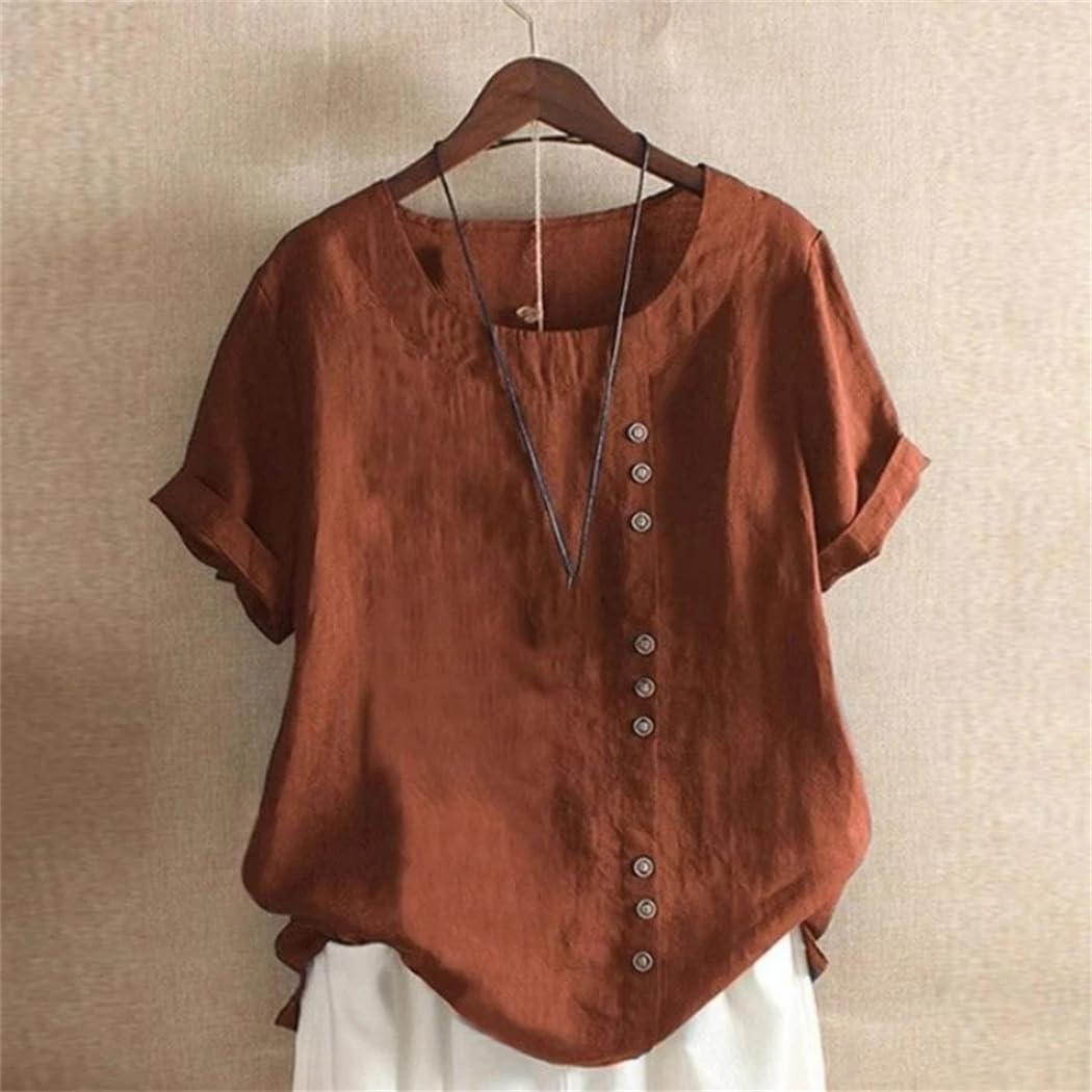 Camicetta da donna estiva a maniche corte con scollo rotondo e vestibilità larga, alla moda, tinta unita
