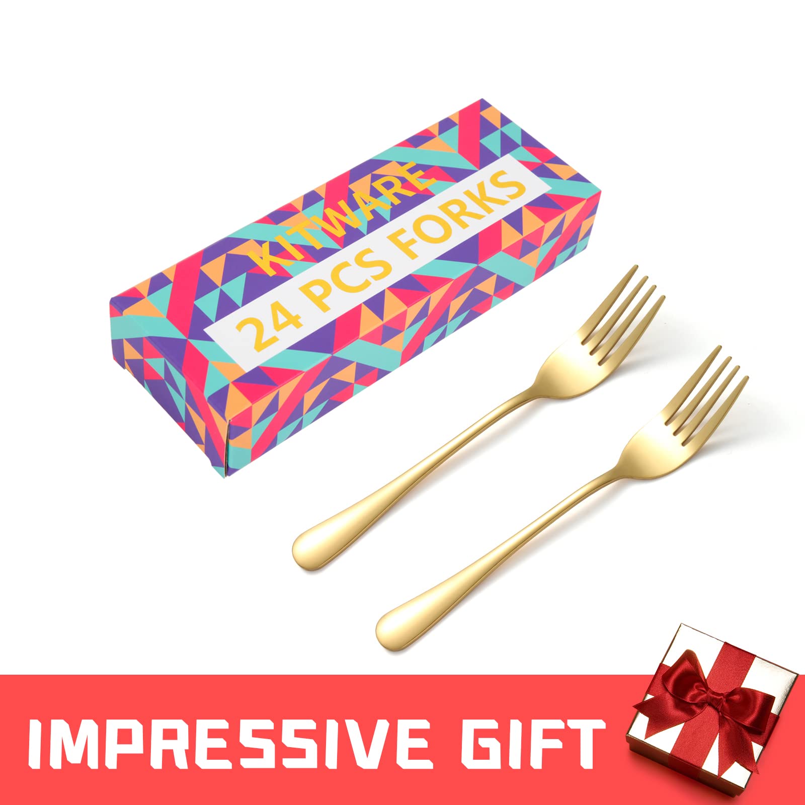 24 Piece Gold Silverware Forks, 8 Inch Metal Flatware, Mirror Polished, Food Grade Stainless Steel, Modern, Minimalist, Dishwasher Safe — Amazon image 6