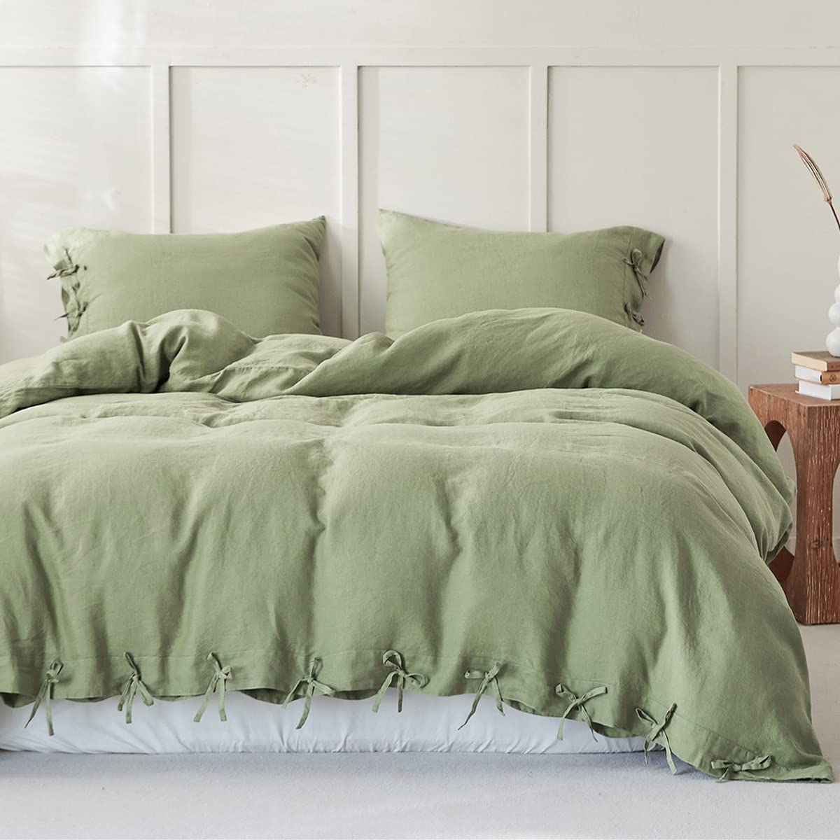 Simple&Opulence 100% Linen Duvet Cover Set 3pcs with Bowknot Ties Closure Natural French Washed Flax Solid Color Soft Breathable Farmhouse Bedding -