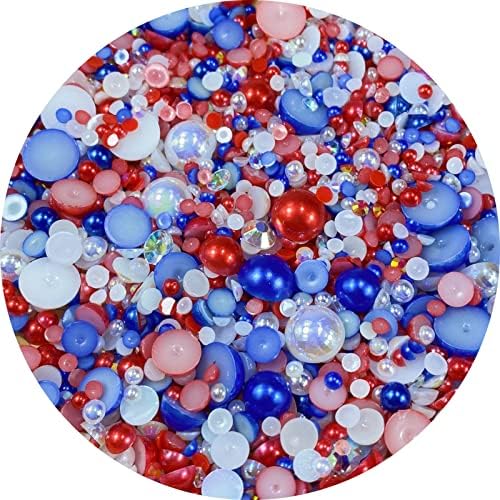 Mix Resin Rhinestones Half Round Pearls,30g Flatback Rhinestones Half Pearl Beads for Crafts Multi Size 3mm-10mm Half Pearl Rhinestone for Bottles,Nail Art,Shoes (Red Blue Series)