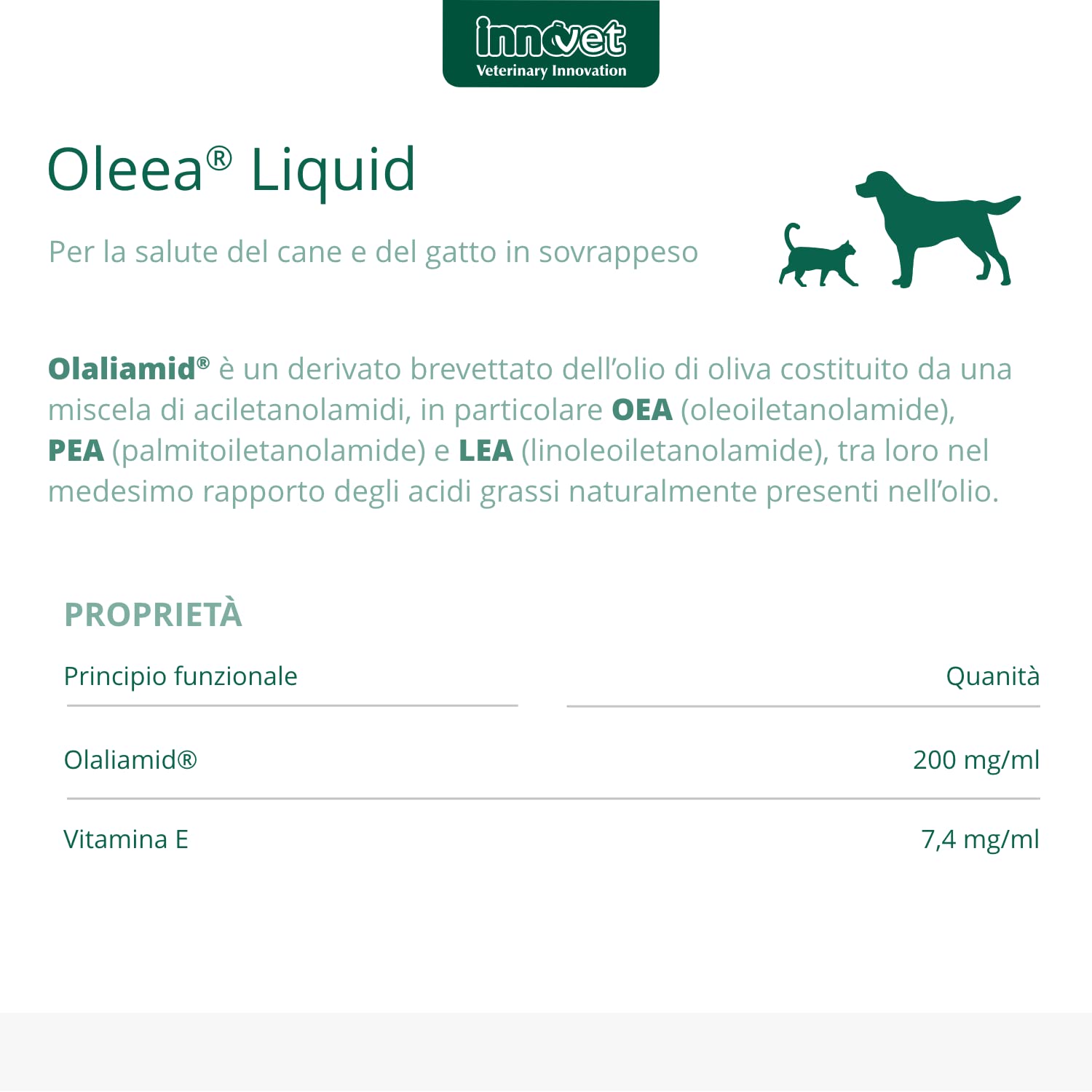 Innovet Oleea - Formulation liquide, 60 ml - pour la santé du chien et du chat en surpoids ou obèse - Protège contre les dommages liés à l'excès de graisse corporelle