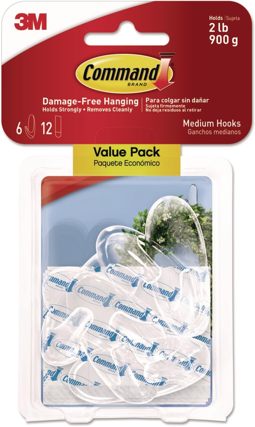 3M Command 17091CLR6ES Clear Hooks and Strips, Plastic, Medium, 6 Hooks and 12 Strips/Pack