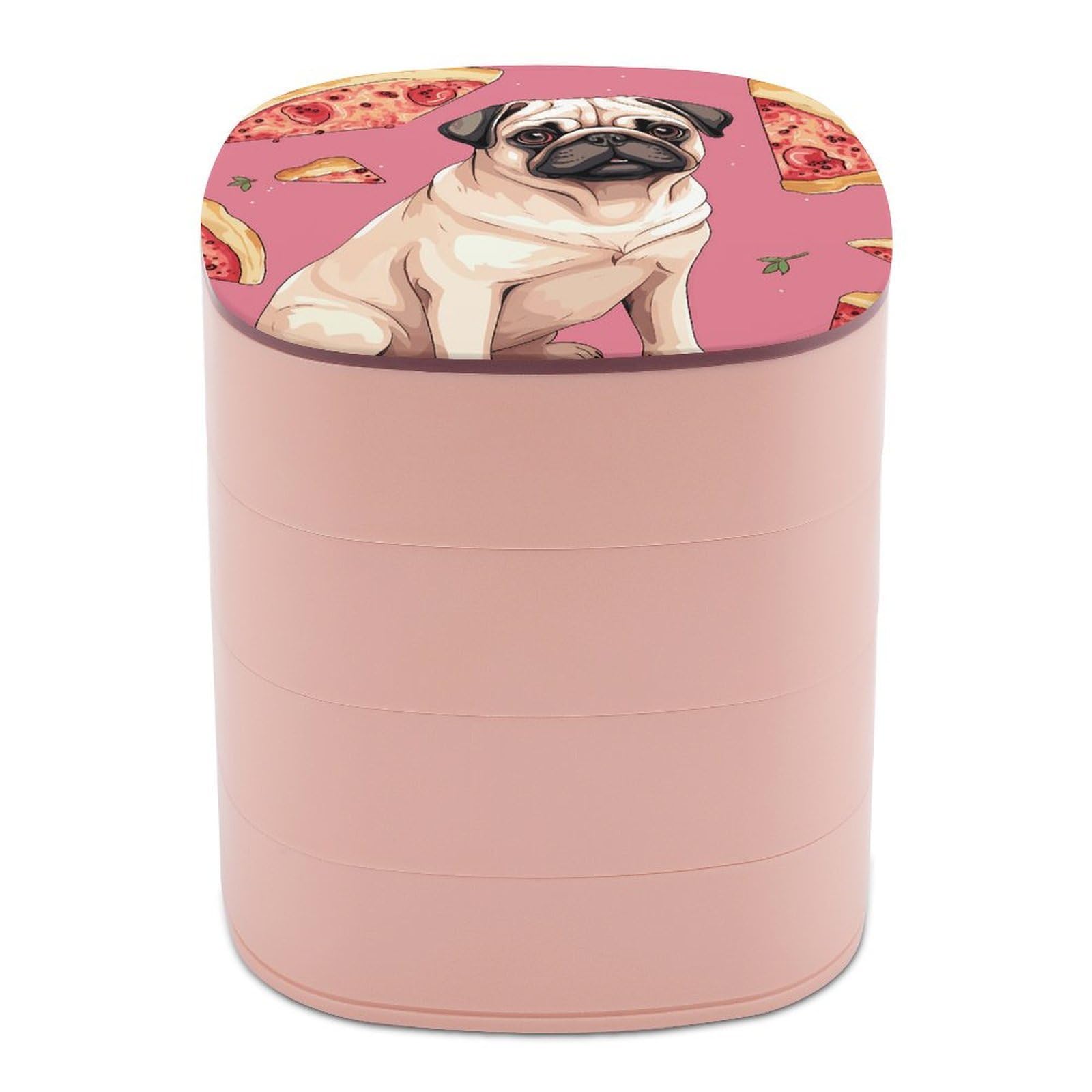 VstaDank Pug Pizza Pink Jewelry Organizer 4-Layer Rotating Travel Jewelry Tray Case with Lid for Bracelets Rings Bracelets Small Jewelry Storage Box Earring Holder for Women