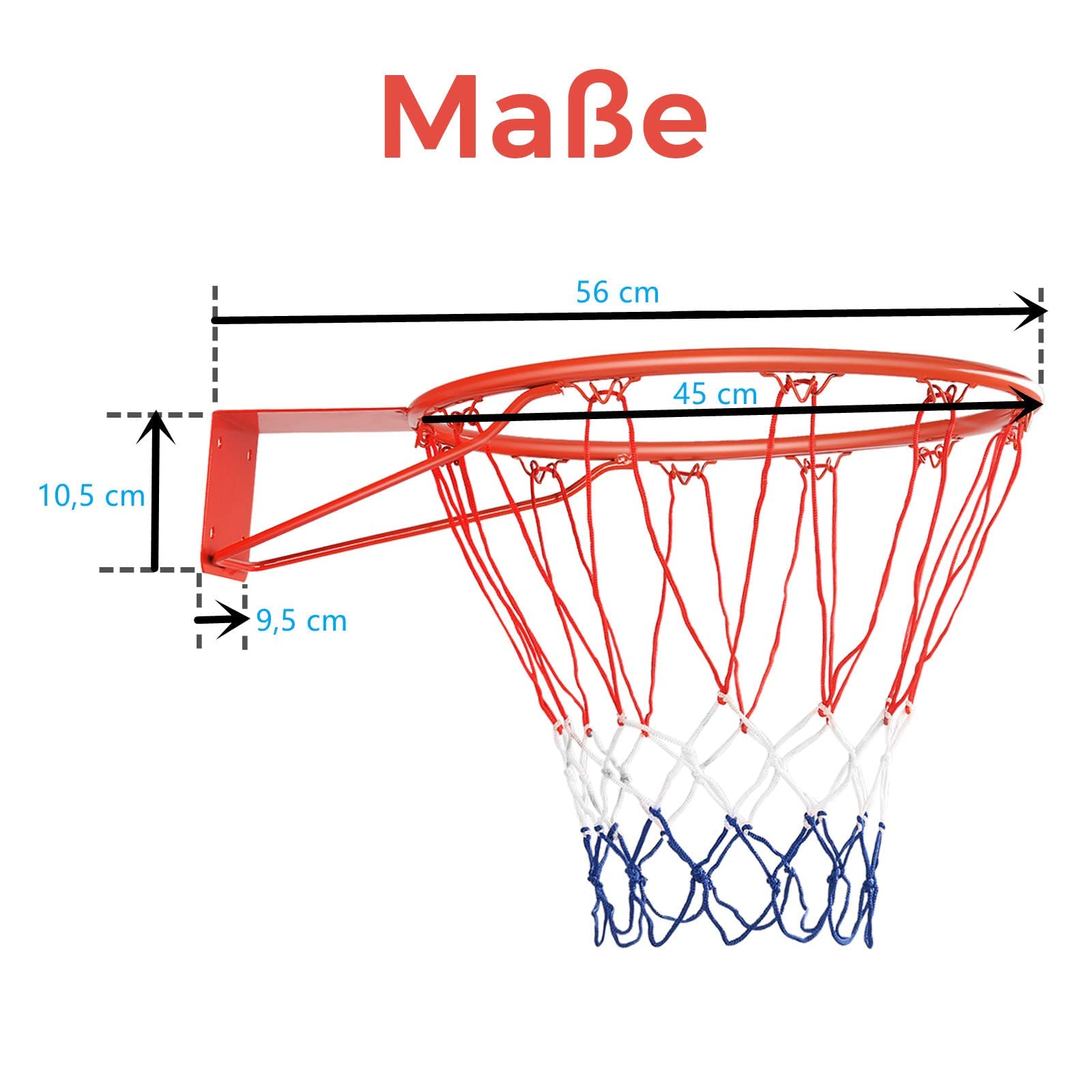 GYMAX Ø 45cm/37cm Basketballkorb, Basketballnetz mit Ring, Netz & Halterung, wetterfester Basketballring in Profigröße zur Wandmontage, für Schulhöfe & Sporthallen