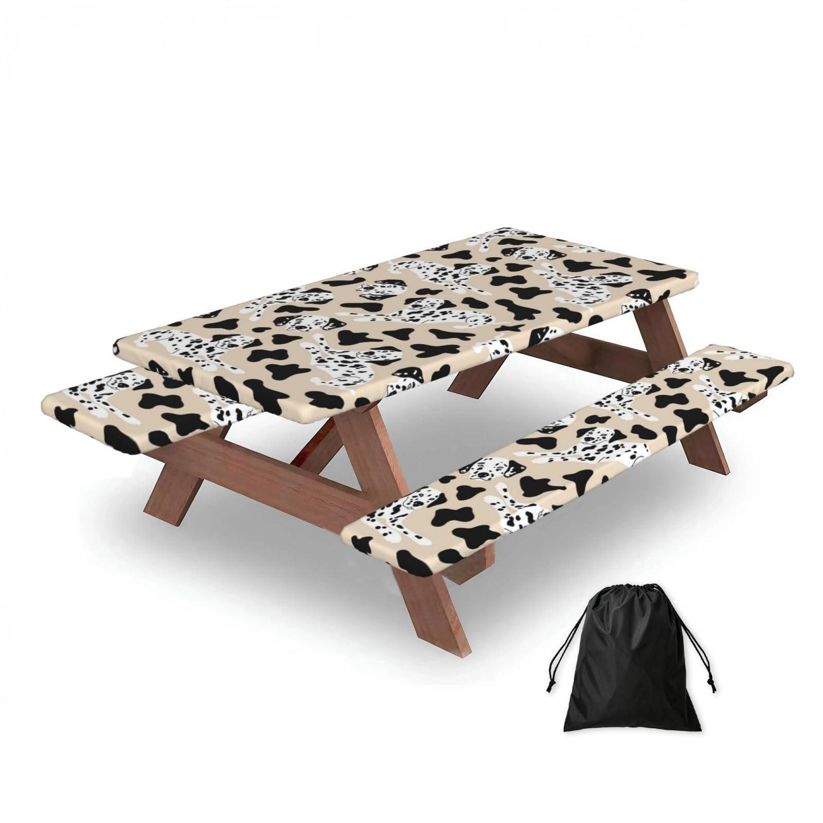 Dopklna As Picture Cute Dalmatian, Picnic Table Cover With Bench Covers -Waterproof Elastic Fitted Tablecloth For Garden Camping Patio 76X152cm
