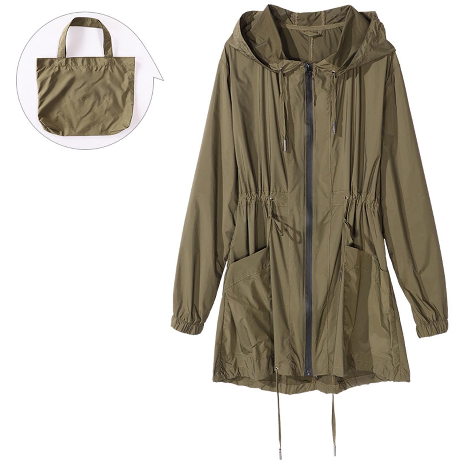 Generisch Chubasquero para mujer, cintura corta, ajuste estrecho, resistente al viento, con capucha, para adultos, estudiantes, paseos y desplazamientos (verde militar, talla única)