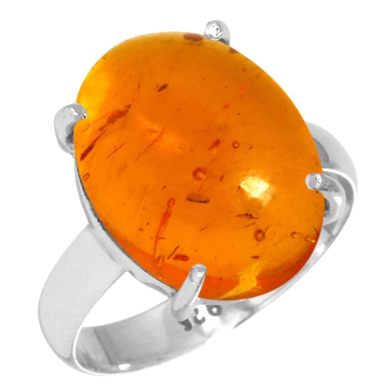 Jeweloporium Oranger Bernstein-Silberring, Größe 68 (21,6), 925er Sterlingsilberring für Damen, klobiger ovaler Edelstein, handgefertigter Schmuck