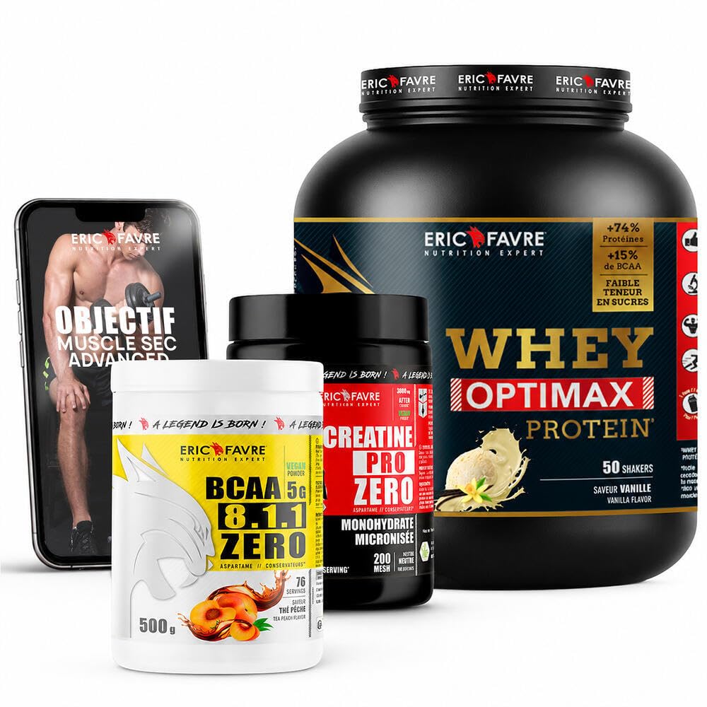 PACK MUSCLE SEC - Kit Advanced, Protéines, Créatine - Iso Zéro 100% Whey + BCAA 8.1.1 ZERO + Créatine ProZero + Turbo Testo + Shaker 400ml - Eric Favre