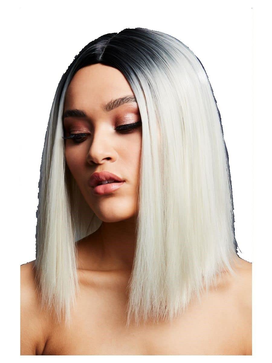 Smiffys Fever Kylie Wig, Two Toned Blend, Ice Blonde Inverted Long Bob, Centre Parting, 37cm/ 15in, Fever Wigs Fancy Dress