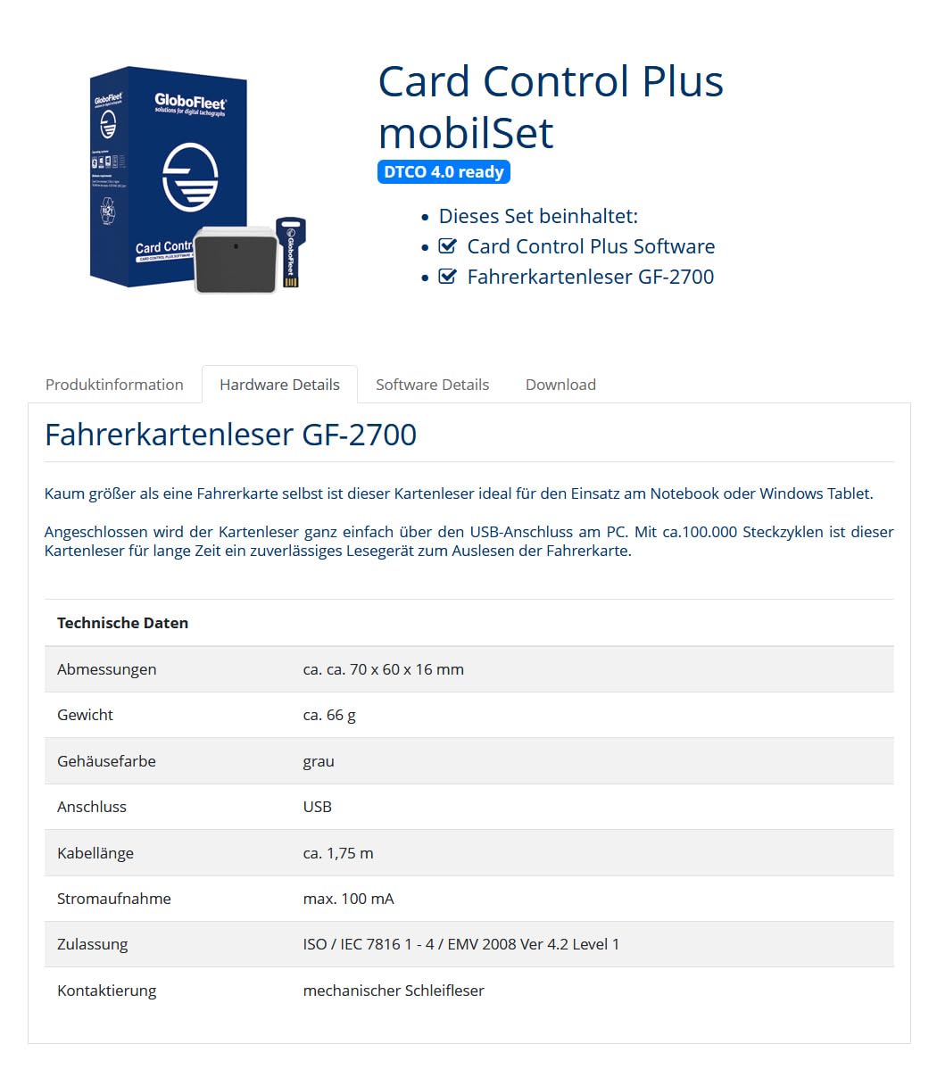 GloboFleet Card Control Plus Mobilset - zum auslesen, auswerten und archivieren der Fahrerkarte mit erweiterter Verstoß Auswertung - DTCO 4.1 kompatibel, USB KEY Version