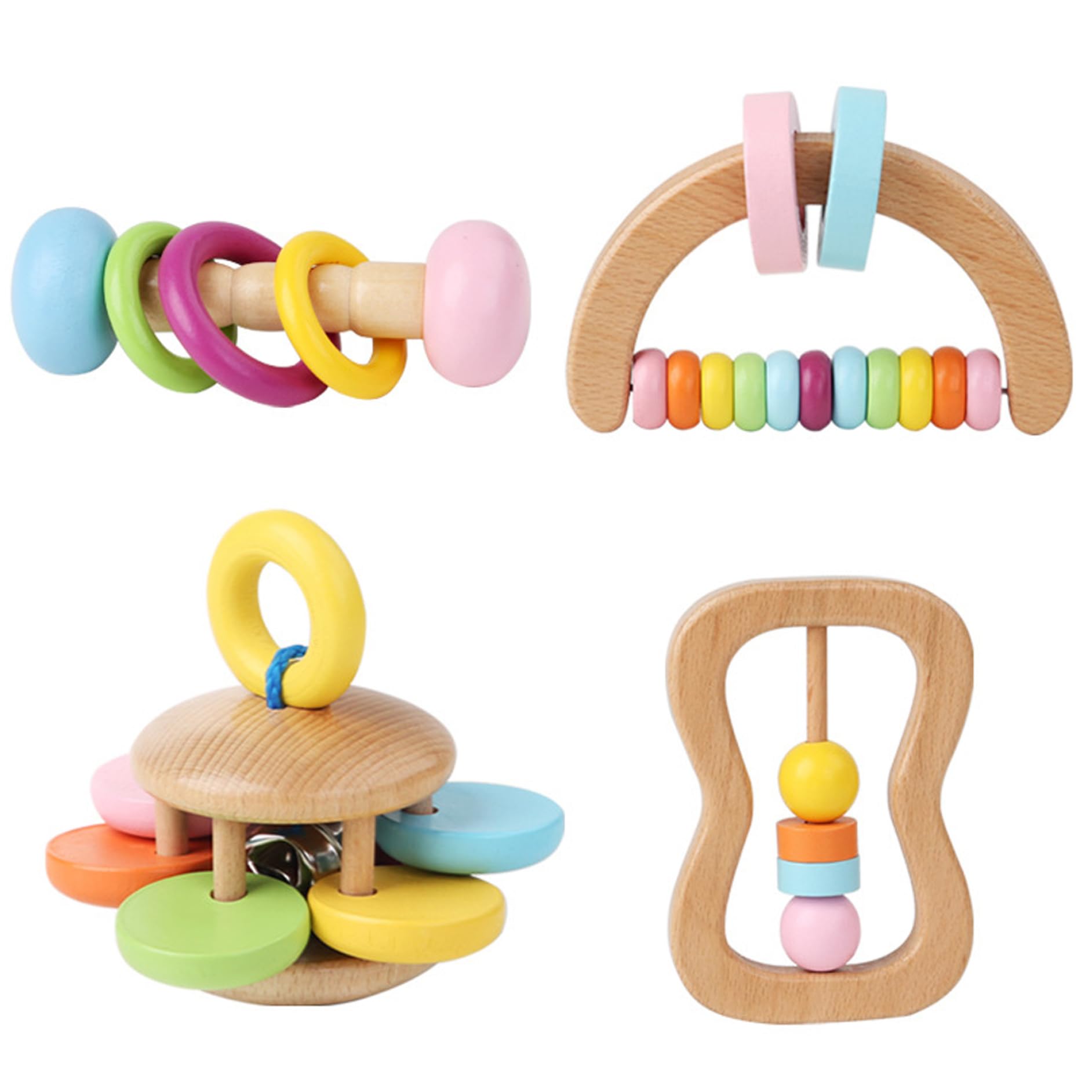Sonajeros de Madera para bebé, 4 Unidades, 4 Estilos, Suaves y Coloridos, para el Desarrollo de la motricidad Fina del bebé, Resistentes a la decoloración, Juguetes de Madera para bebés, artículo