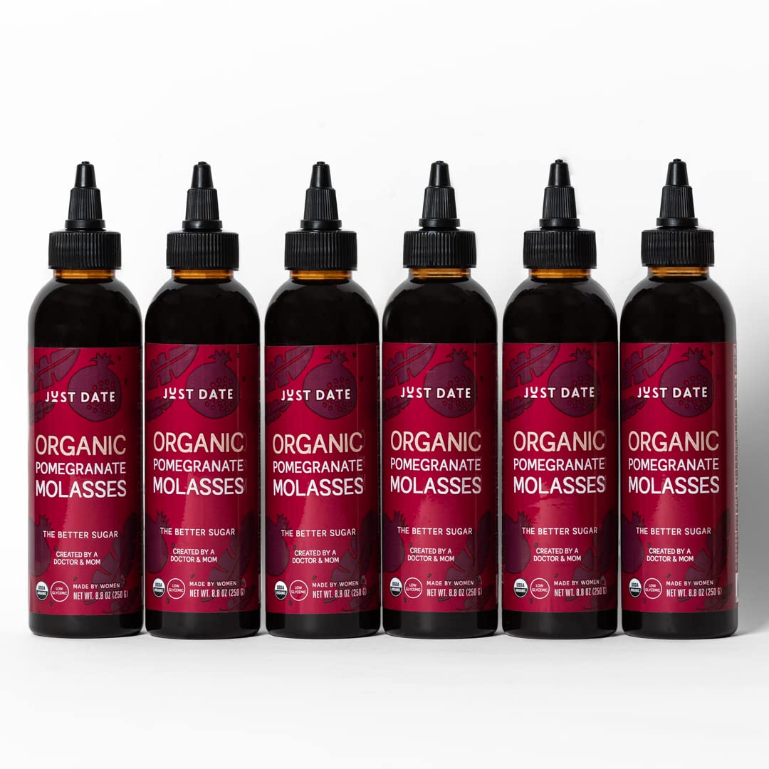 Just Date: Organic Pomegranate Syrup / 100% Natural/Organic Pomegranate Molasses/Healthy Alternative for Sugar, Honey or Maple/Low Glycemic Index & Packed with Nutrition/Six 8.8 OZ Squeeze BottleUSDA Organic