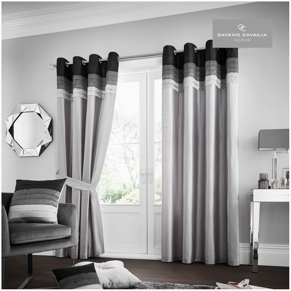 Gc Gaveno Cavailia Grey Gaveno Cavailia La Moda Eyelet Curtains 100% Polyester Luxury Ring Top Drapery With Matching Tie Backs, Two 66"X72" Glamorous Panels, Easy Care Window Treatment, 66X72 Inches