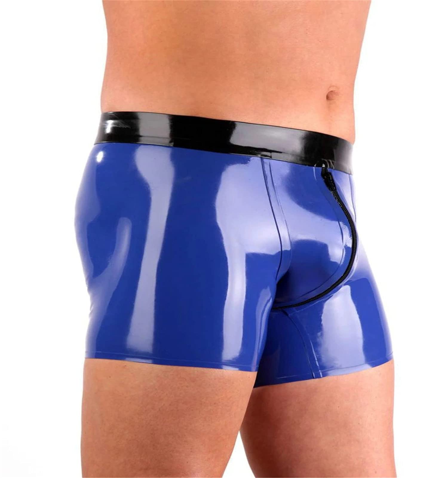 MFMYEE - Ropa interior exótica de látex para hombre, con cremallera azul y costuras hechas a mano, pantalones cortos de látex transparentes grandes