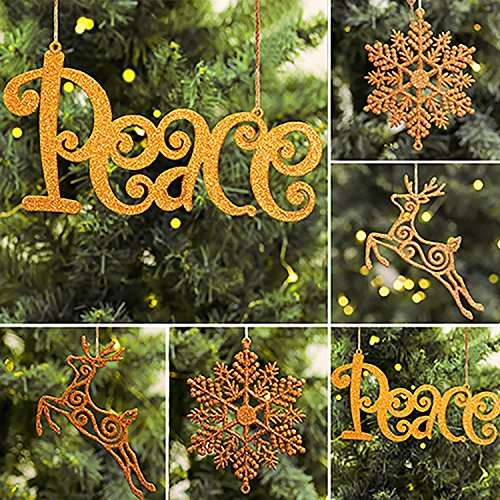 Valery Madelyn 18ct 10-23cm Woodland Sparkling Essential Christmas Ornaments Set Glittery Christmas Decorations-Peace, Snowflake and Reindeer,12 Pcs Metal Hooks and 12 Organza Ribbons Included