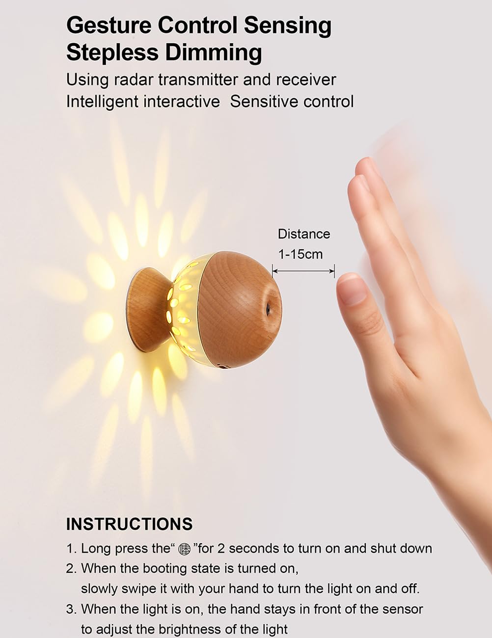 Applique da parete Effetto LED con Sensore, Dimmerabile Lampada da parete in Legno Batteria Ricaricabile 3000K Luce calda Lampada a Effetto Spot a parete magnetica per Camera da letto Corridoio,A