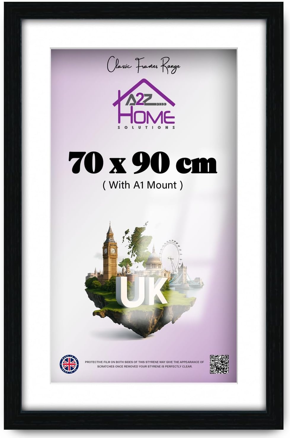 Wall Photo Frame Black 70x90 cm Frame With 80x60 cm Mount Picture Poster Print With Clear HD Perspex 30x15 MM Moulding Mounting Hooks MDF Backboard