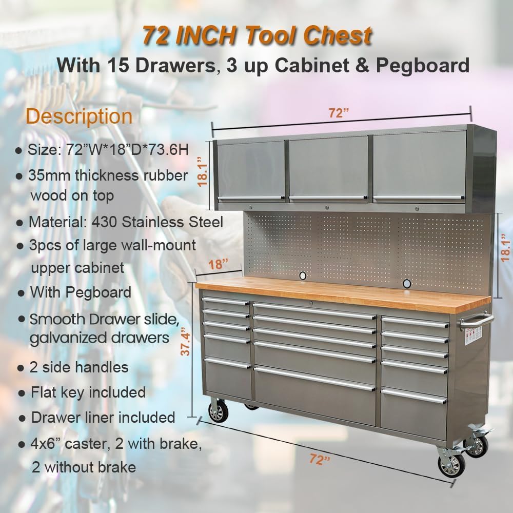 AnorTrek 72 inch 15 Drawers Tool Chest with 3 Up Cabinet & Pegboard in Stainless Steel (Stainless Steel)