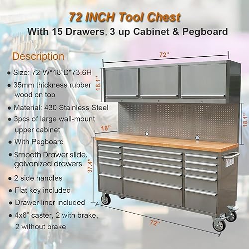 Miniatura 5 de Caja de herramientas de 72 pulgadas con 15 cajones con gabinete superior de 3 y tablero de clavijas en acero inoxidable (Acero inoxidable) 72" Con 3