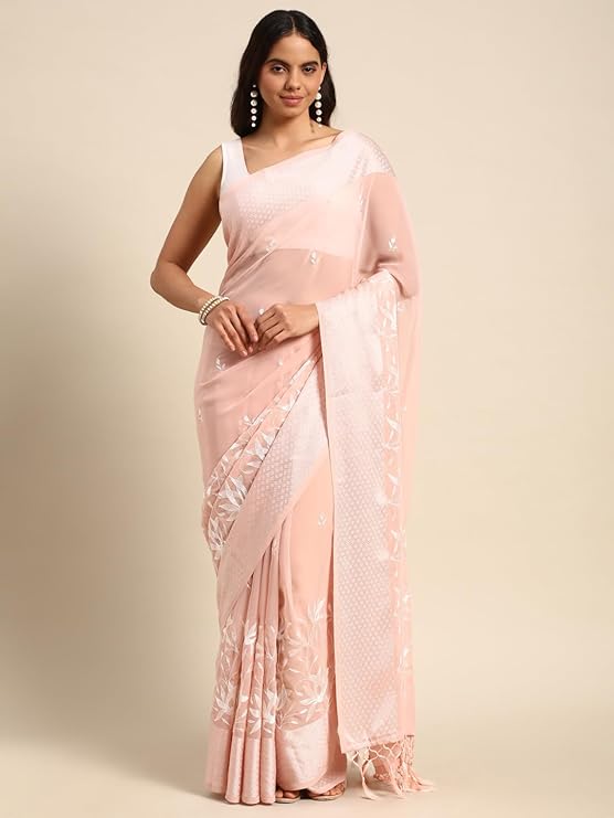 Peachmode Women's Floral Thread Embroidered Satin Saree with Unstitched Blouse Piece