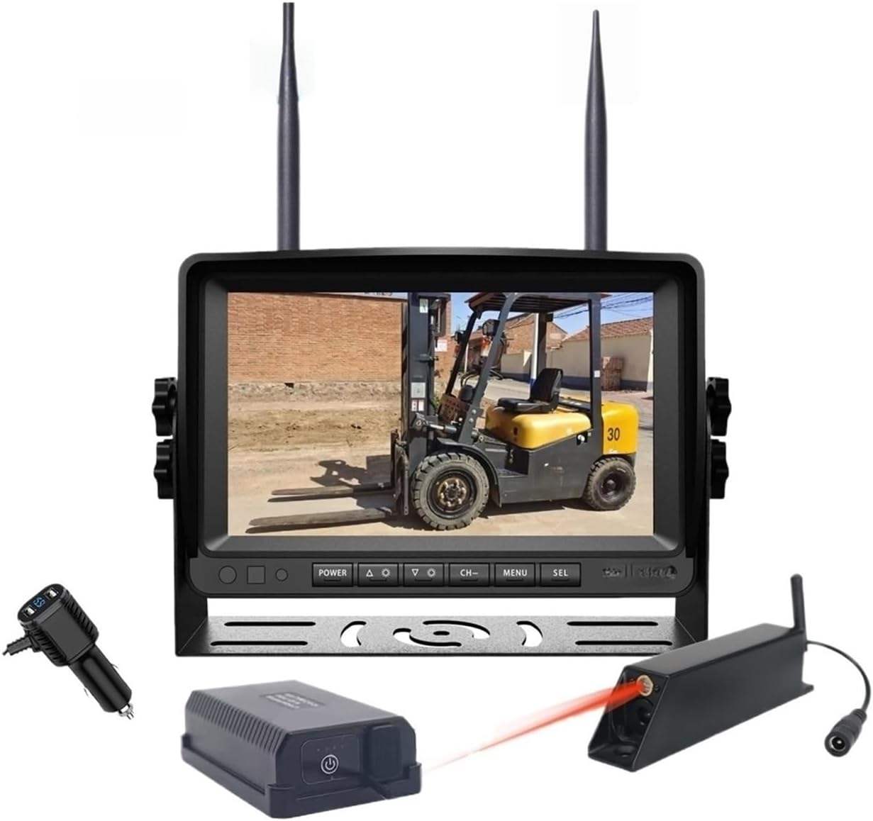 Forklift Wireless 7" Splitsceen DVR Monitor Laser Positioning 1080P Front View Camera Magnetic Base 9600mA Battery Kits(32G)