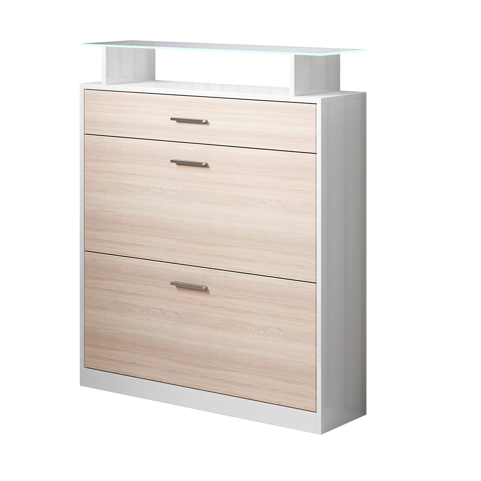 MB Muebles Bonitos | Recibidor Zapatero Paola con Luz LED | Diseño Moderno | Melamina Brillo y Mate | Color Blanco y Sonoma | 89x105x24 cm