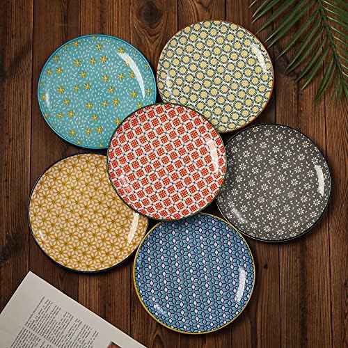 Dessert Plates Set Ceramic Plate - Porcelain Appetizer Salad Plates 8 inch - Flat Kitchen Colorful Plate with Pattern for Breakfast | Lunch | Dinner - Microwave | Oven | Dishwasher Safe - Set of 6