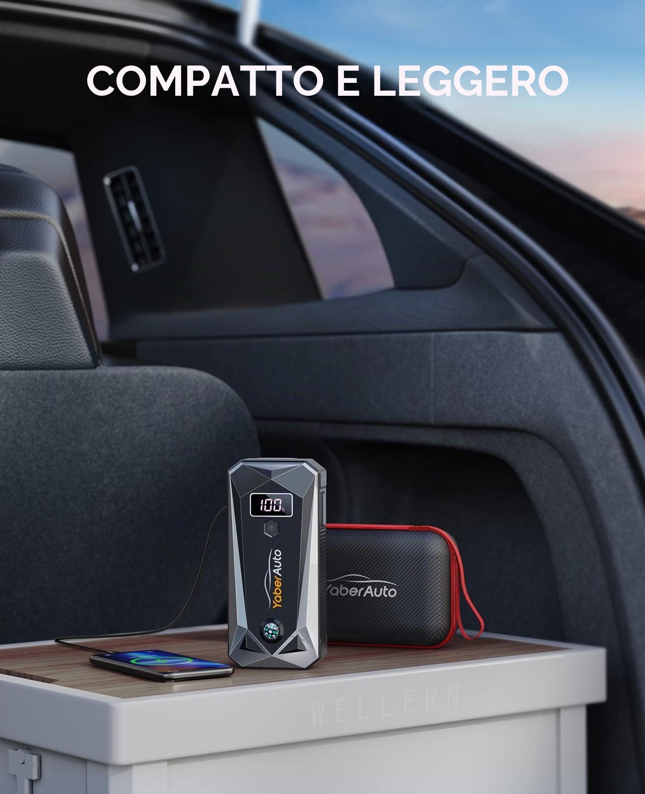 YaberAuto Booster Batteria per auto, 2500 A 21800 mAh 12 V Avviatore per auto (Tutti i gas o 7,0 L Diesel), portatile Jump Starter con due uscite USB,Lampada LED