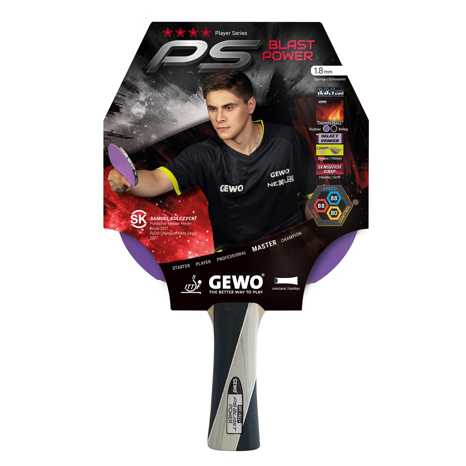 GEWO PS Blast Control tafeltennisbatje, ITTF goedgekeurd professioneel tafeltennisbatje, kant-en-klaar batje met gecontroleerde Thunderball 2 coating en hoge rotatie-eigenschappen, concaaf, 1,8 mm