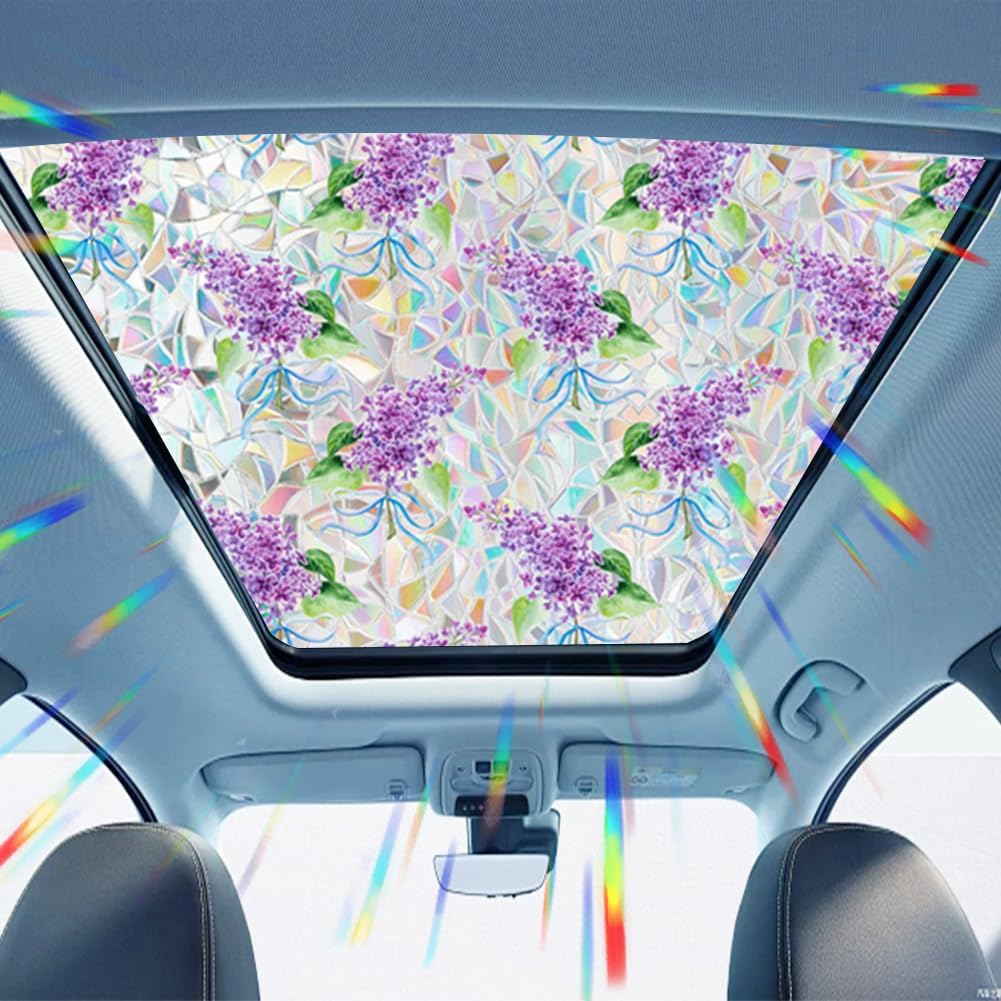 Lilacs Flower Window Privacy Film Rainbow Film Decorative Window Sticker for Car Sunroof, 3D Static Stained Glass Cling Tint for Home Office Car Heat Control Non-Adhesive, 16.93 x 39.37 Inch