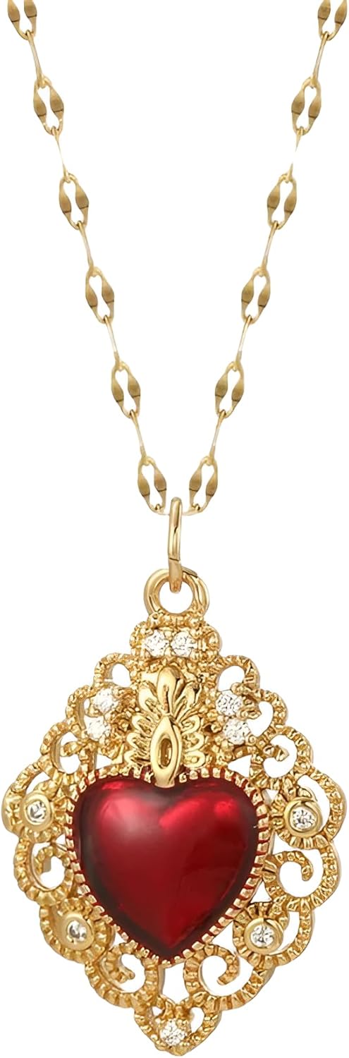 18k Yellow Gold Exquisite Red Heart Necklace For Women & Men - Sacred Heart Pendant for Christmas, Birthday & Thanksgiving Gifts