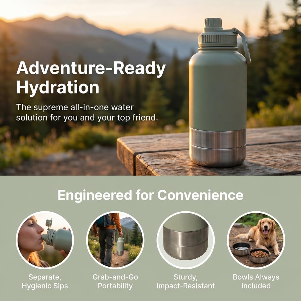RYNVALE 32oz Insulated Stainless Steel Pet Water Bottle with Dog Bowl | 3 in 1 Multi-Function, Leakproof Human and Pet Travel Dispenser, for Walking Hiking Camping (Green)