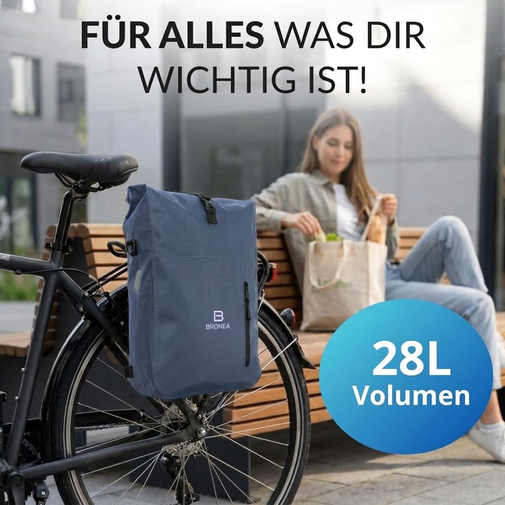 3 in 1 Fahrradtasche Wasserdicht - 28L - Rucksack & Umhängetasche, Gepäckträgertasche für Fahrrad, WaterBlock Material, Integrierte Laptoptasche, Schnellmontage Gepäckträger | JEANSBLUE