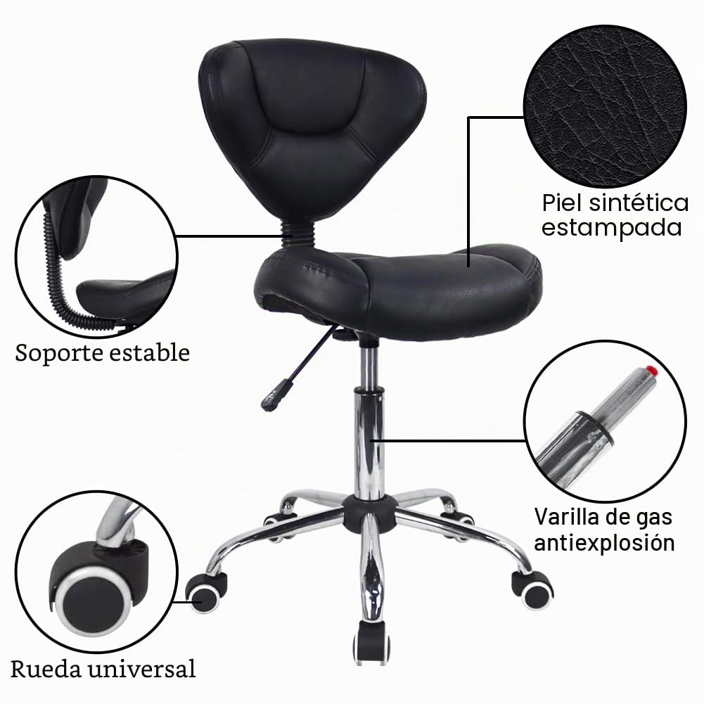 WKWKER Taburete Ergonómico Rodante con Cojín Grueso PU Cuero Altura Ajustable Taburete Giratorio para Trabajo SPA Salón Tatuaje con Respaldo (Negro)
