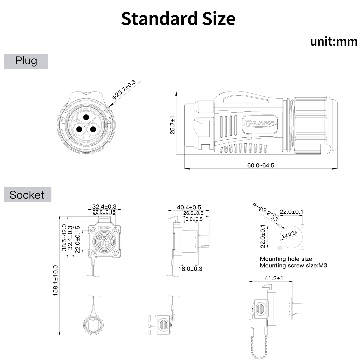 CNLINKO BD-20 Conector impermeable IP68 para cable Conector circular industrial Conectores rápidos para tomas empotradas Conectores de carcasa metálica M20 3 Pines Zócalo de brida de Tornillo