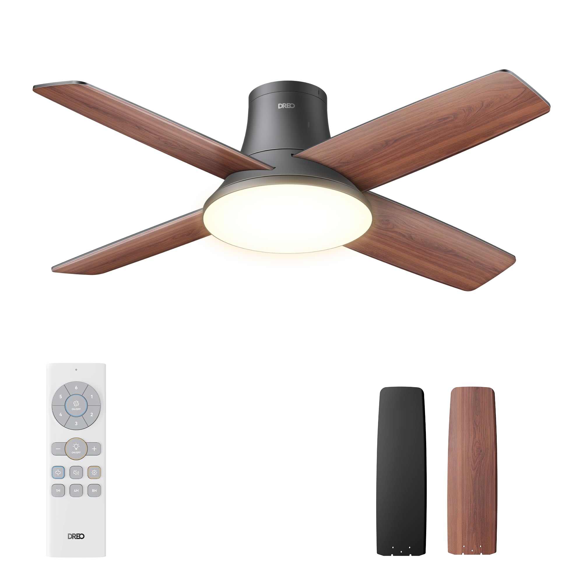 Dreo ventilador de techo silencioso con lámpara LED, 112 cm, reversible, 5CCT, 6 velocidades, fácil de instalar, temporizador, montaje en superficie, control remoto, Negro