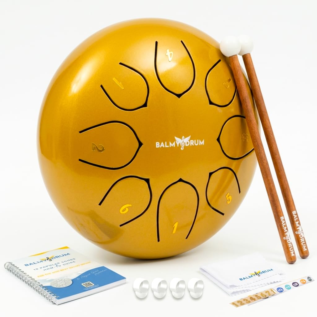 The Balmy Drum stalowy bęben językowy 8 Note 15 cm, stalowy instrument perkusyjny, bęben dla dorosłych, zestaw Balmy Drum dla dzieci, z książką muzyczną, bębnem ręcznym, młotkiem i torbą do