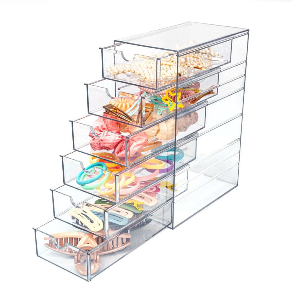 BERVYOSW Clear Acrylic 6 Drawers Storage Organizer for Hair Accessories Stackable Containers Box for Cosmetics Jewelry Stationery Storage Organization Drawers Set (6 Drawers)
