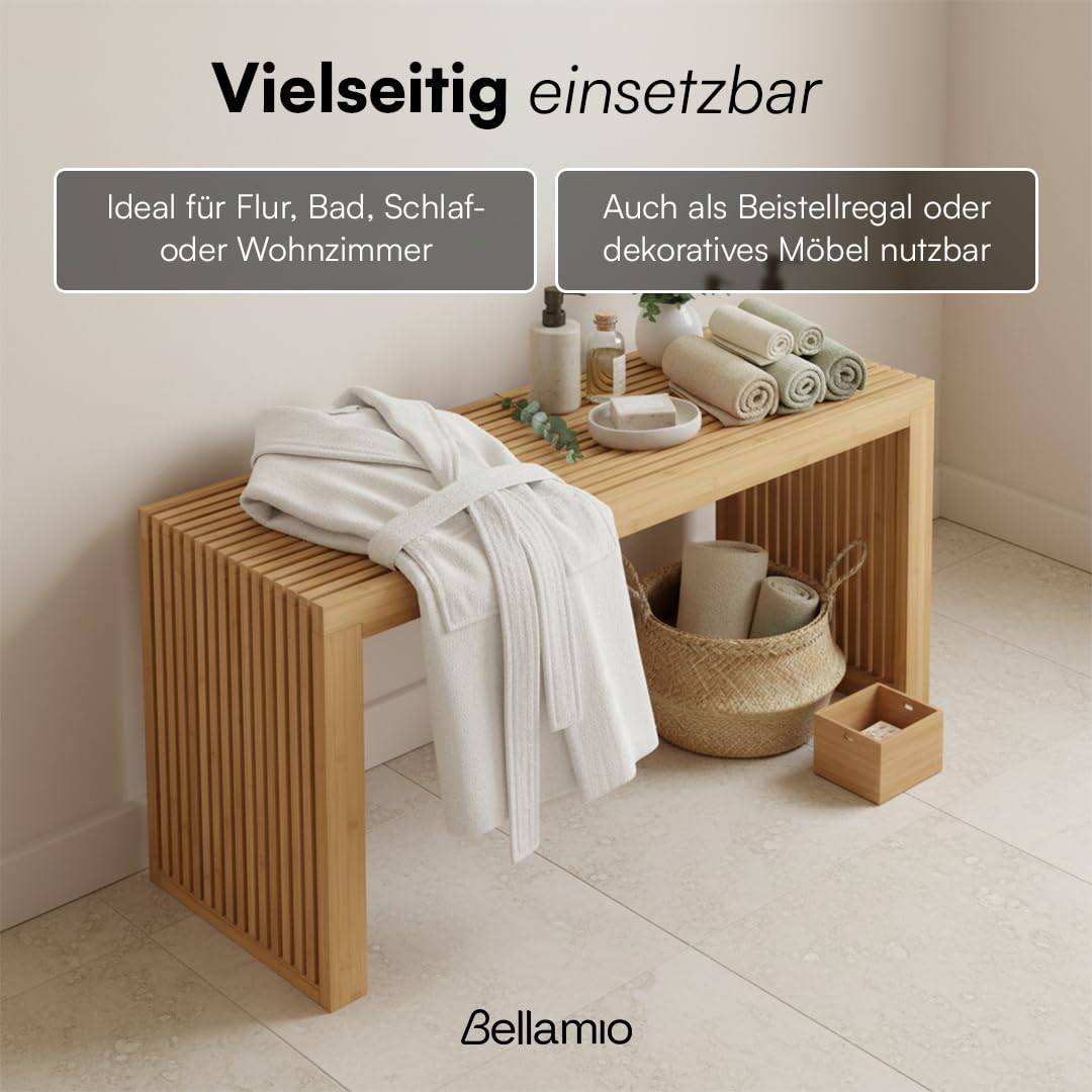 Bellamio Sava Sitzbank aus Bambus – stabile Holzbank Natur – Moderne Bank für Flur, Esszimmer, Schlafzimmer, Wohnzimmer, Badezimmer – Garderobenbank bis zu 250 kg belastbar – Bettbank 45x33x100 cm
